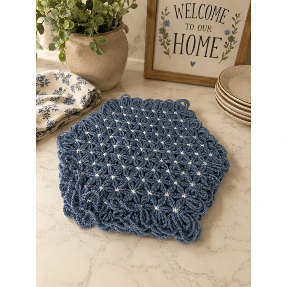 Hand Crocheted Trivet Blue Pot Holder Hot Pad 10 Inch Set of 3 Granny Core